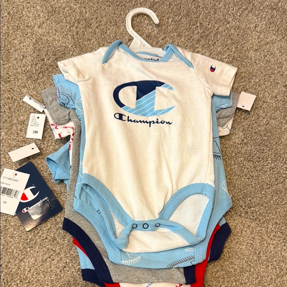 5 piece —Champion White & Light Blue Logo Infant One-Piece Bodysuit